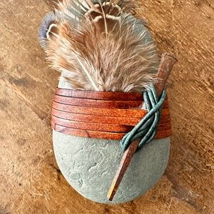 Decorative Stone with Feathers and Leather Wrap
